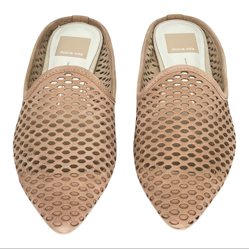 Dolce Vita Grant Tan Perforated Nubuck Leather Womens Flat Mules Size 6M - Picture 5 of 15